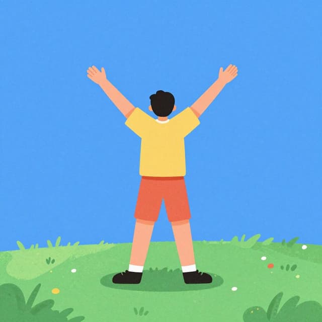 A person in colorful athletic wear stretching their arms wide and reaching for the sky in a bright park.