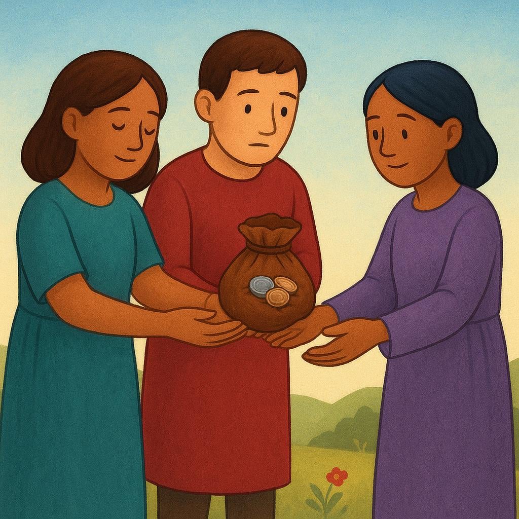 Two friendly adults jointly presenting a small, heavy pouch of coins to a third adult who is ready to receive it, illustrating that they owed money.
