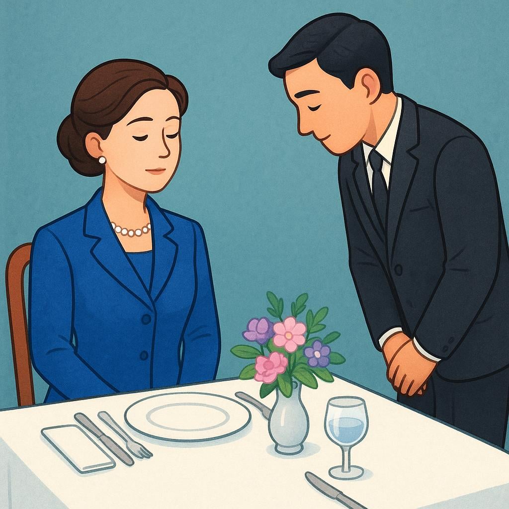 An elegant woman wearing a sophisticated blue suit and a small pearl necklace sitting upright at a formal dining table, while a man stands nearby, slightly bowing his head toward her in a gesture of respect.