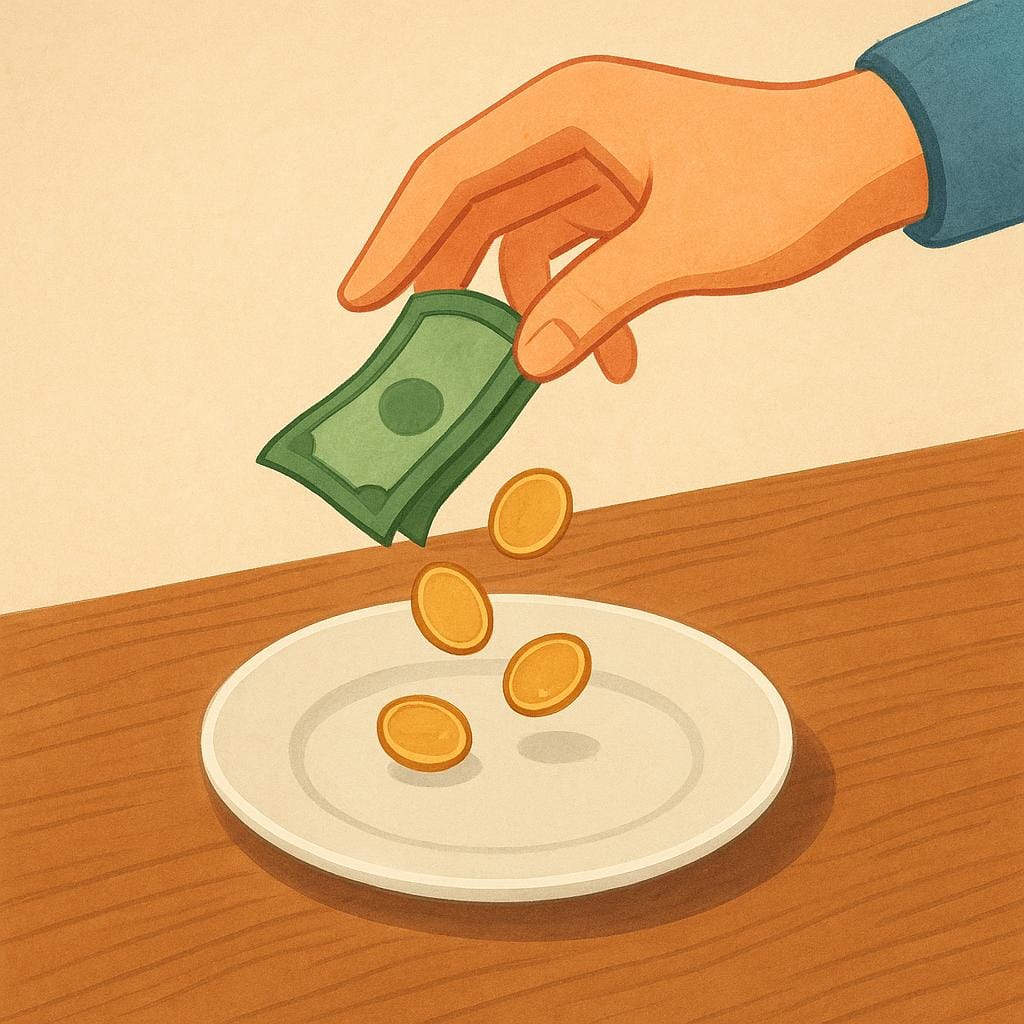 A close-up view of a hand placing coins and a folded bill onto a small, empty ceramic plate resting on a wooden table, symbolizing a gratuity or tip.