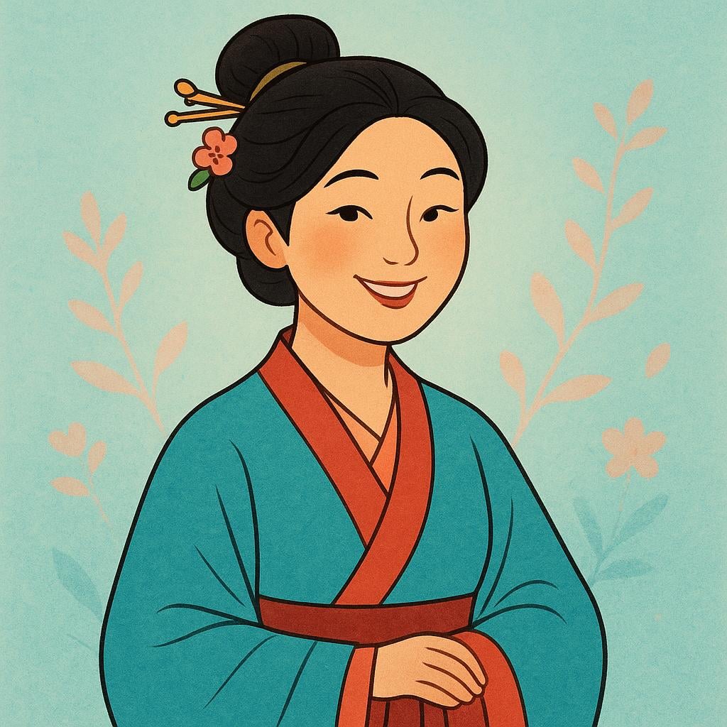 A colorful illustration of a smiling woman wearing traditional red and gold Chinese clothing.