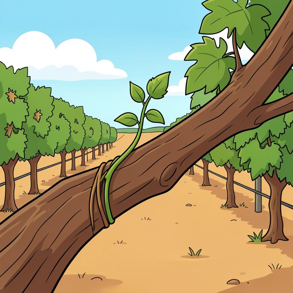 A close-up of a grapevine branch showing a small, new green shoot emerging from a pruned stem.