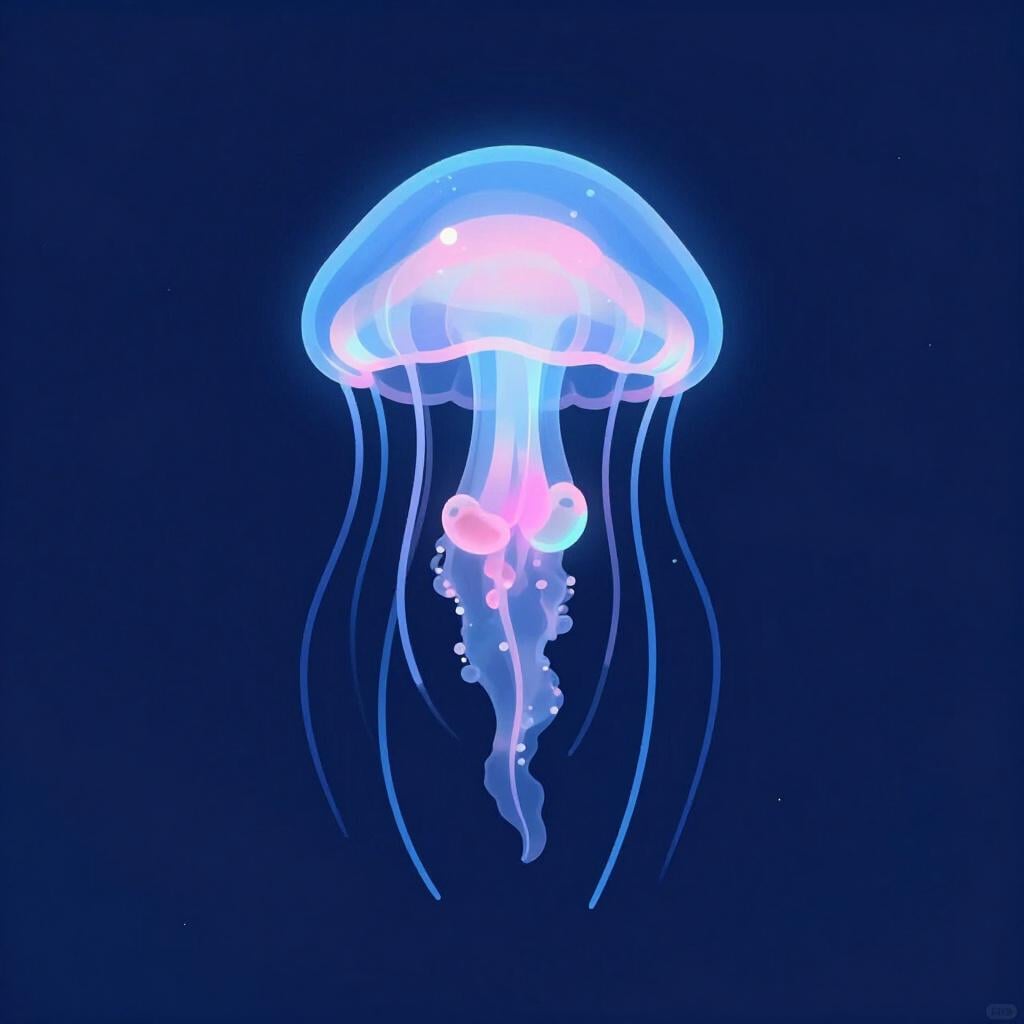 A glowing jellyfish floating in a dark blue ocean, emitting a soft neon light from its body.