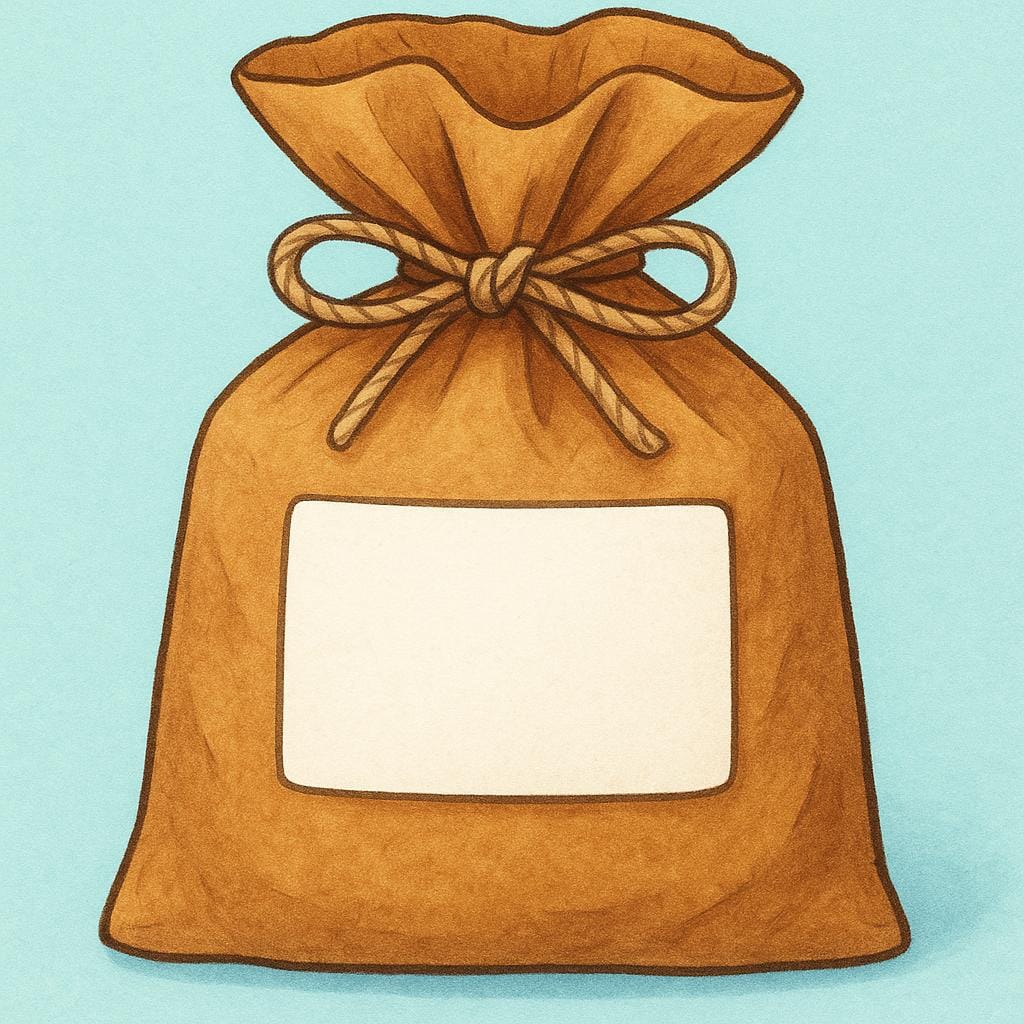 A white rectangular label sticker attached to the front of a simple brown paper bag of beans.
