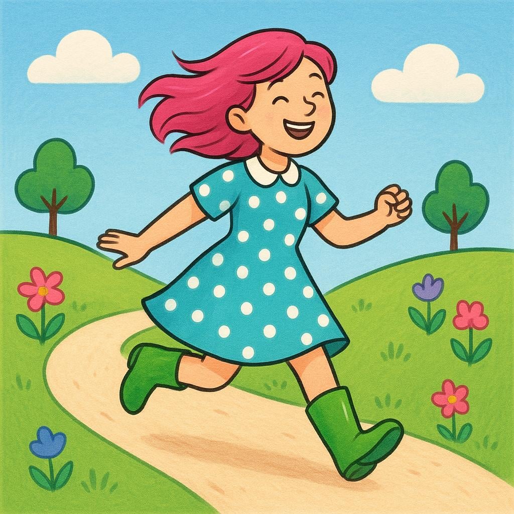 A smiling woman with bright pink hair, wearing a polka-dot dress and bright green boots, skipping cheerfully, representing an eccentric or unconventional person.
