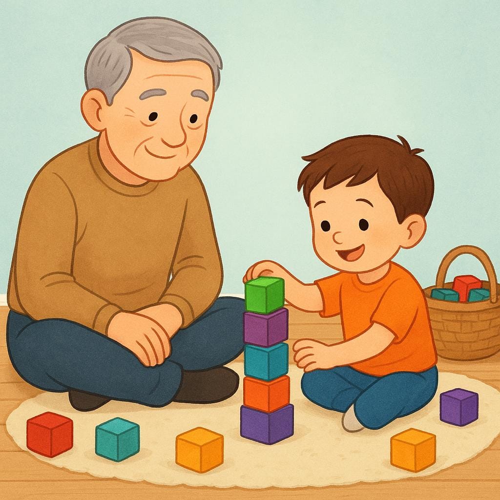 床に座ってカラフルな積み木で遊んでいる小さな男の子の隣で、笑顔の高齢の男性。