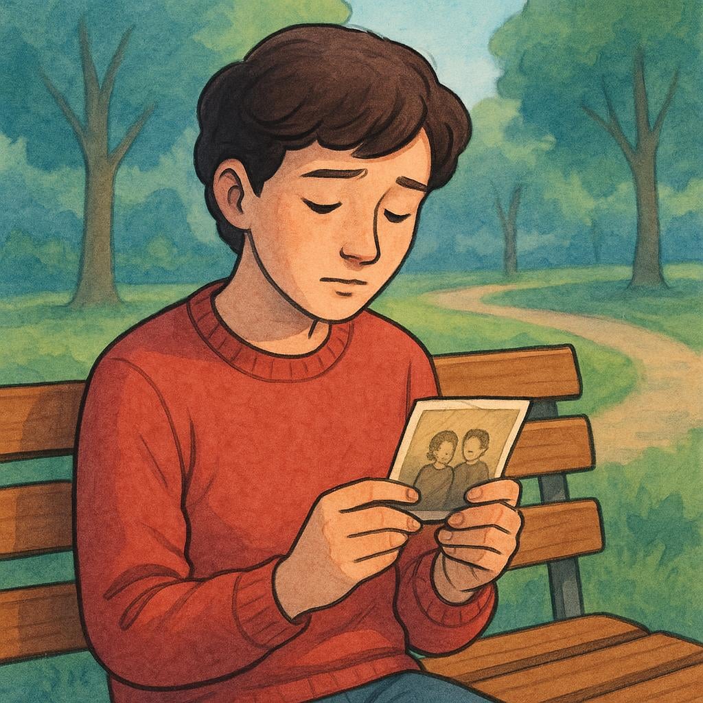 A solitary figure sitting on a park bench, gazing wistfully at a single photograph held in their hands, illustrating the feeling of missing someone.