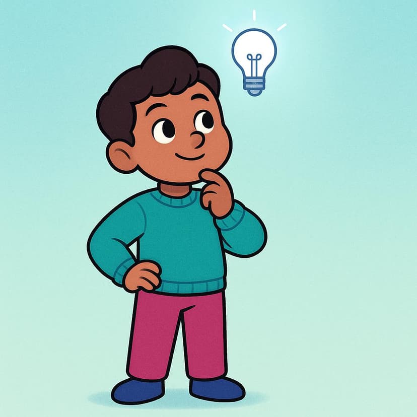 Eine hochwertige Bilderbuchillustration eines fröhlichen Kindercharakters, der selbstbewusst dasteht. Eine einzelne, helle, leuchtende Glühbirne schwebt direkt über seinem Kopf und symbolisiert zukünftige Gewissheit und Wissen.