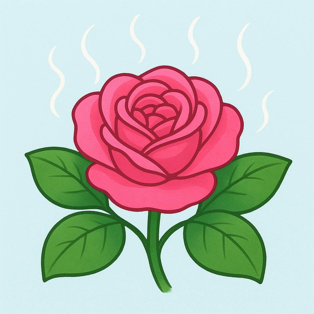 A close-up illustration of a pink rose emitting visible wavy scent lines that curve upwards, representing the sensation of smell.