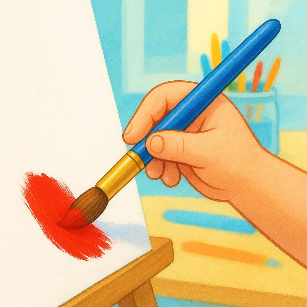 A close-up of a child's hand actively holding a paintbrush, applying bright red paint to a canvas, emphasizing the present moment.