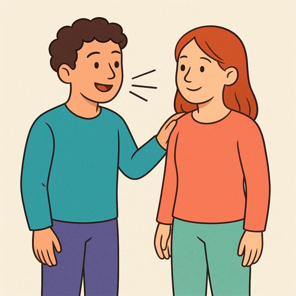 서로 마주보며 친근하게 대화하는 두 인물을 보여주는 단순하고 다채로운 그림책 삽화.