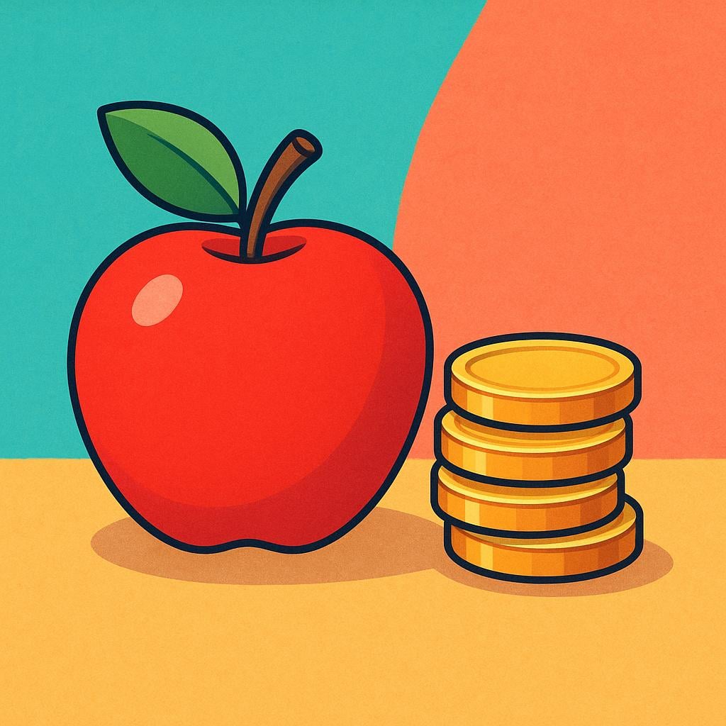 A shiny red apple sitting next to a small stack of gold coins on a simple surface, symbolizing the price of the item.