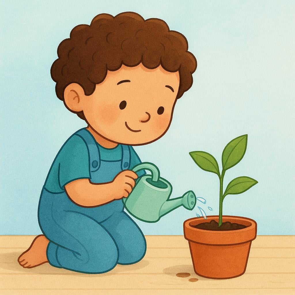 A small, focused child carefully waters a single potted green plant using a tiny red watering can, symbolizing the commitment required for responsibility.