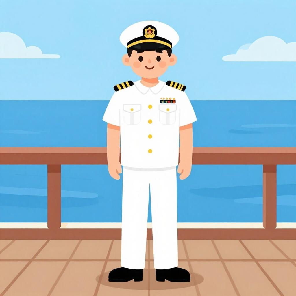 Een marineofficier in een smetteloos wit uniform, staand op het dek van een schip, uitkijkend over de zee.