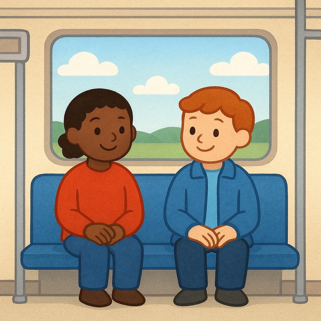 2人の漫画の旅行者が、動いている列車の車両のふかふかの座席に並んで座り、大きな窓の外を見ています。