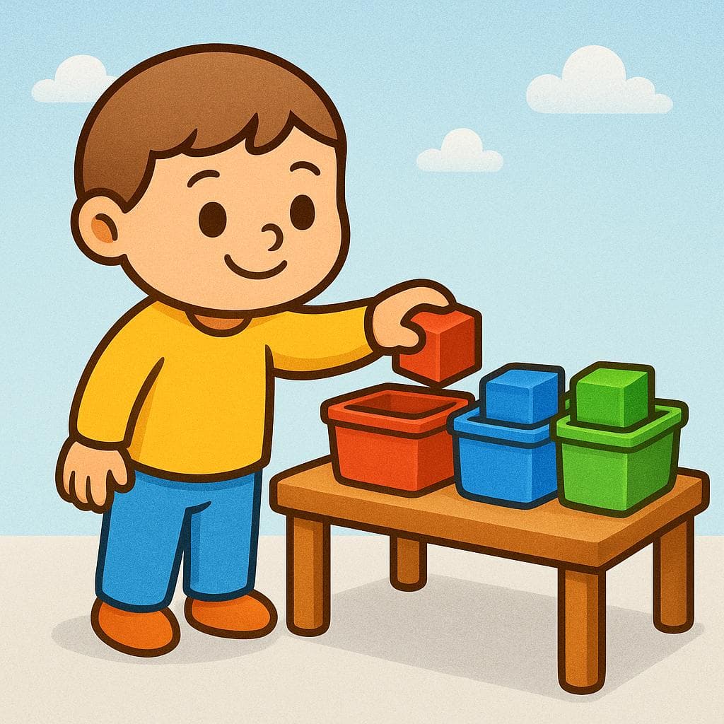 Een cartoonfiguur sorteert efficiënt felgekleurde geometrische blokken in specifieke, aangewezen bakken op een tafel, wat organisatie illustreert.