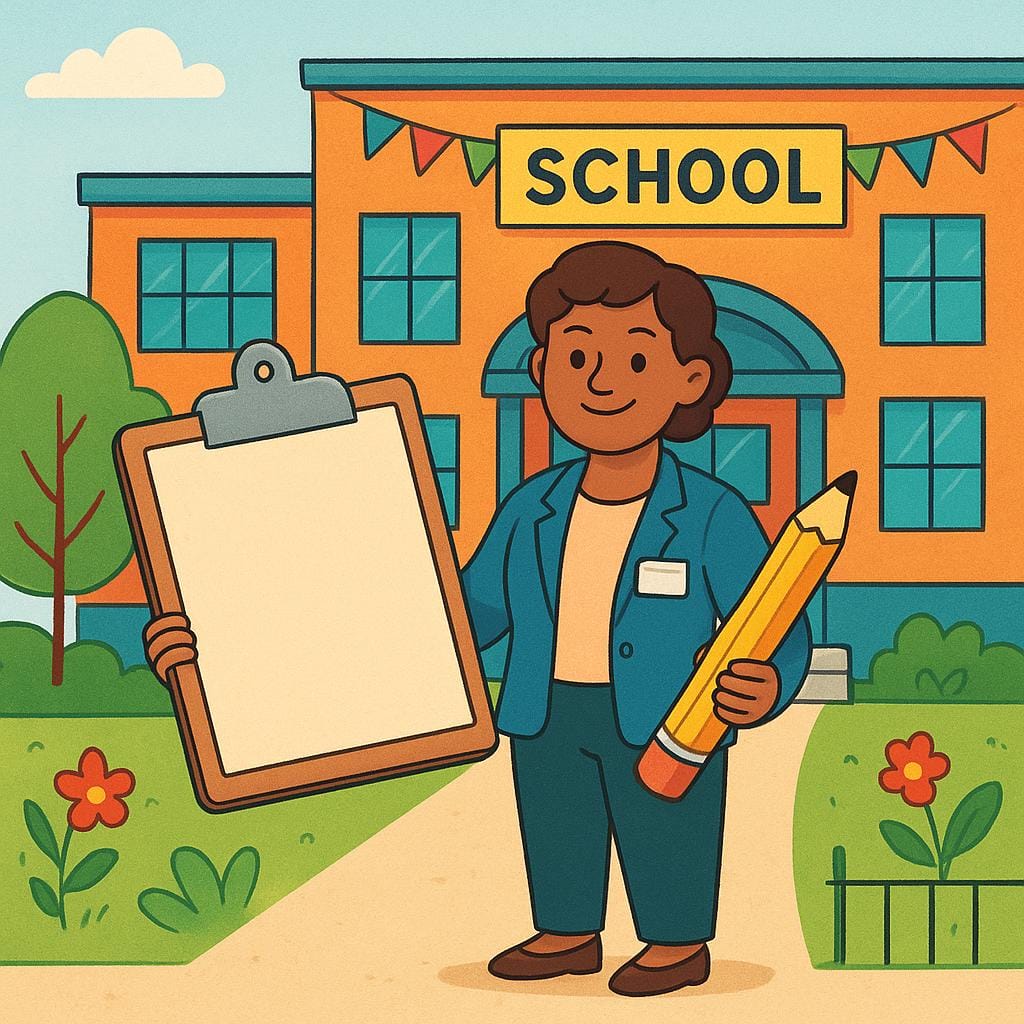 A person wearing professional attire standing at the entrance of a school, holding a clipboard, looking authoritative.