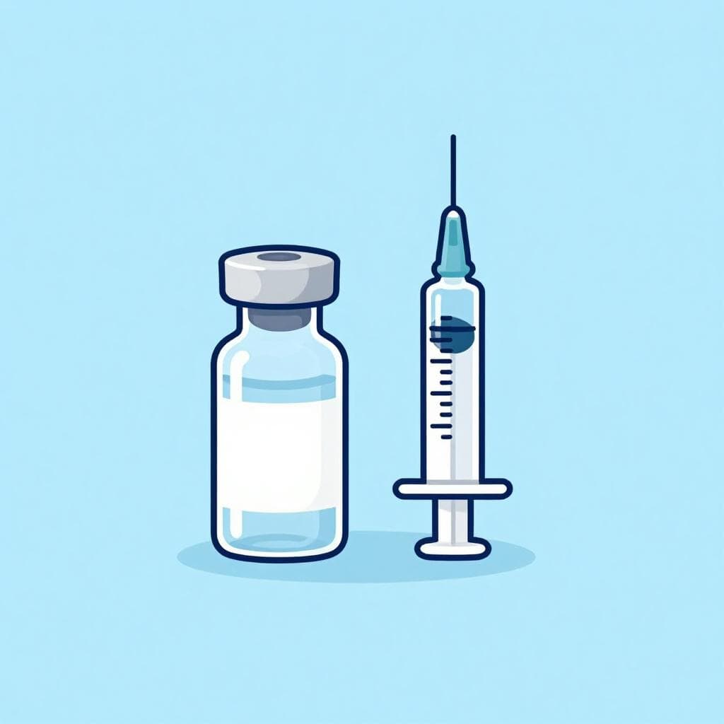 Une petite fiole médicale en verre et une fine seringue placées sur une surface propre et bleu clair.