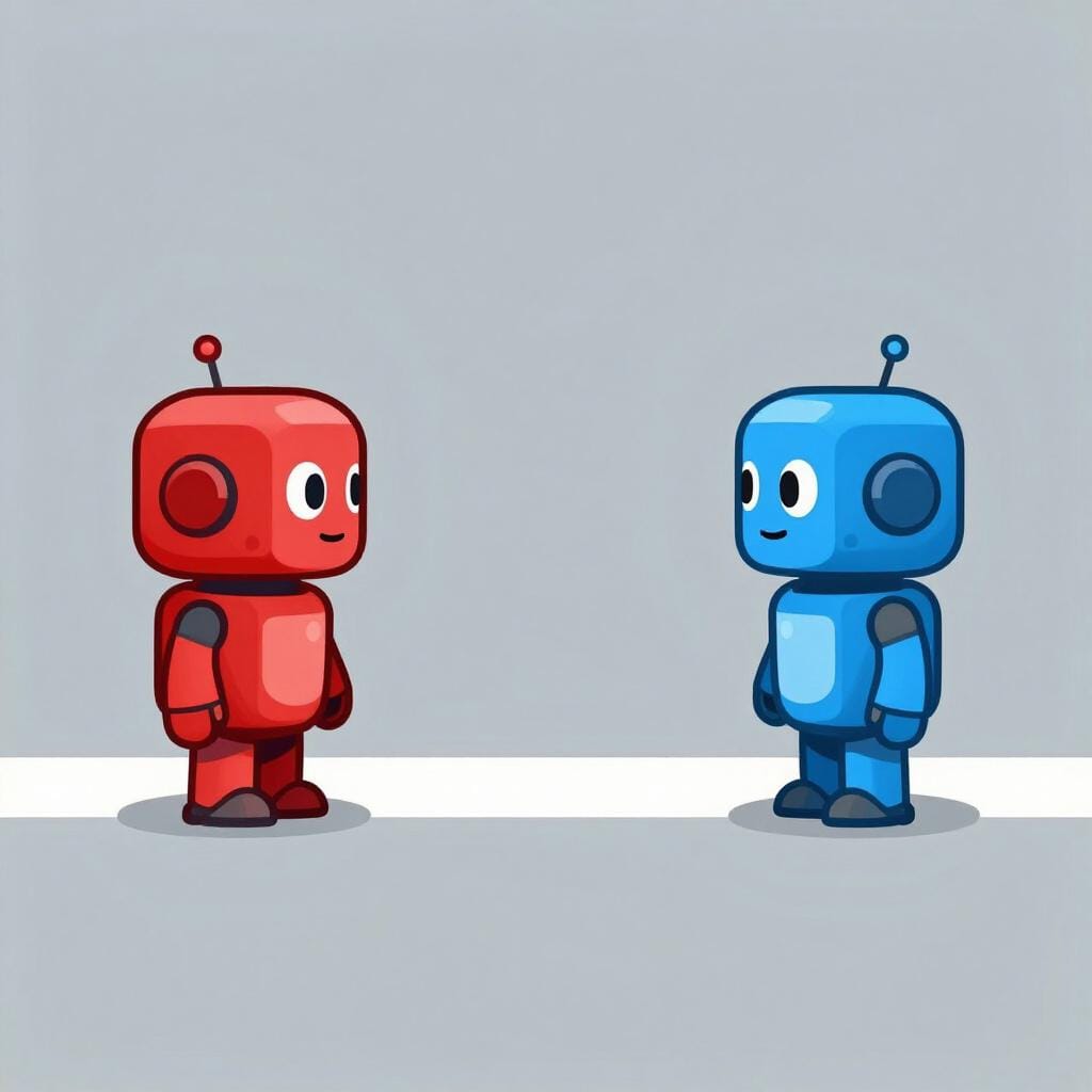 Um robô de brinquedo vermelho e um robô de brinquedo azul de frente um para o outro através de uma linha numa competição amigável.