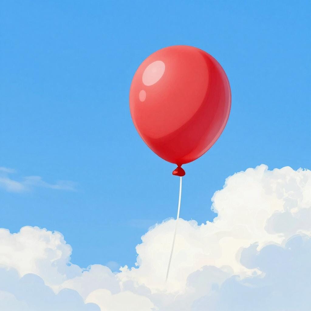 A single red balloon with a string drifting through a clear blue sky.