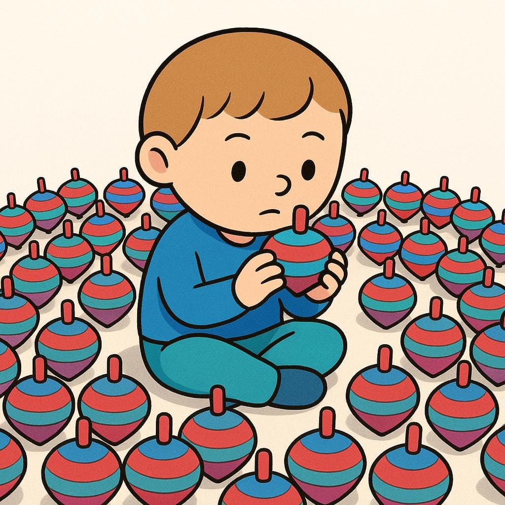 A simple cartoon character sitting on the ground, completely surrounded by identical, brightly colored toy tops. The character is holding one top and staring at it with intense, fixed focus.