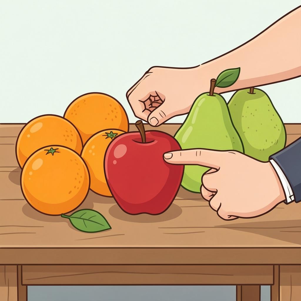 A hand pointing at a bright red apple from a selection of different fruits.