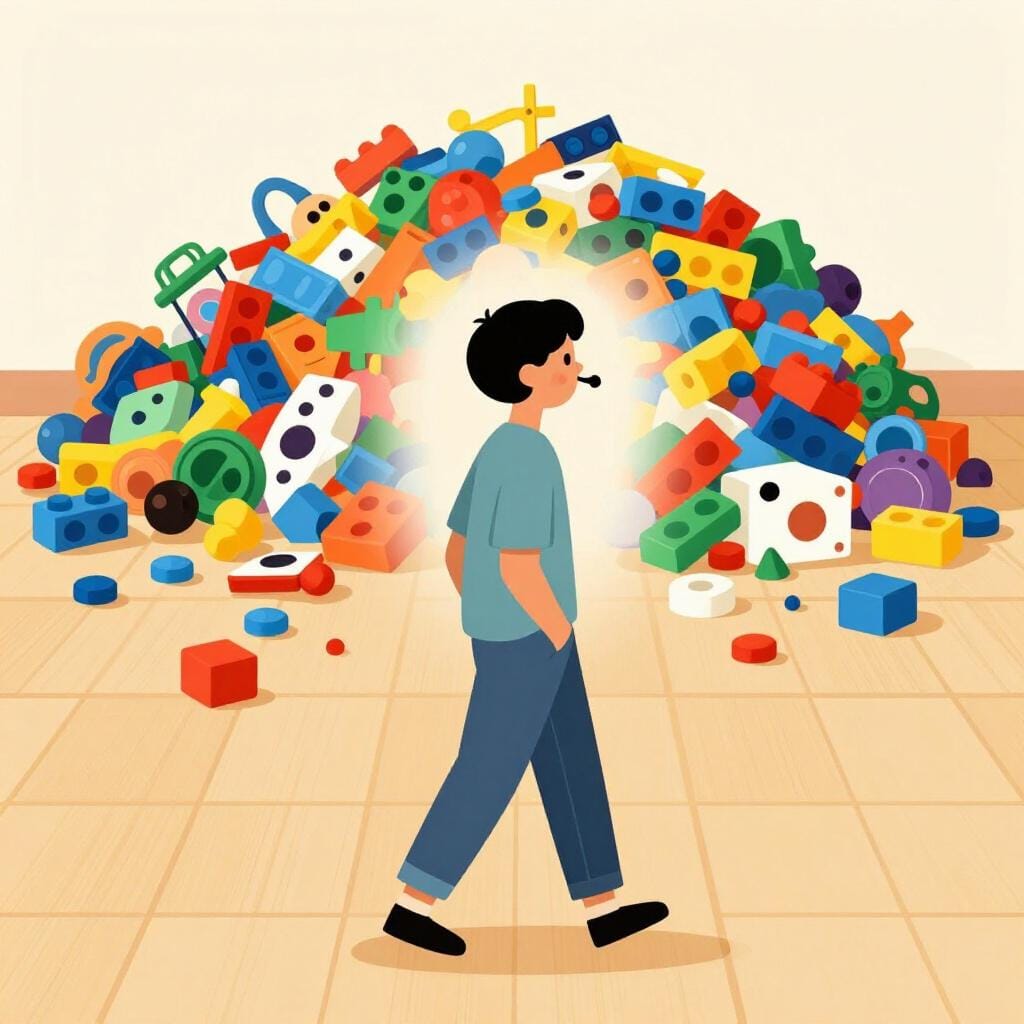 A person whistling and walking away from a large pile of messy toys and spilled blocks on the floor.