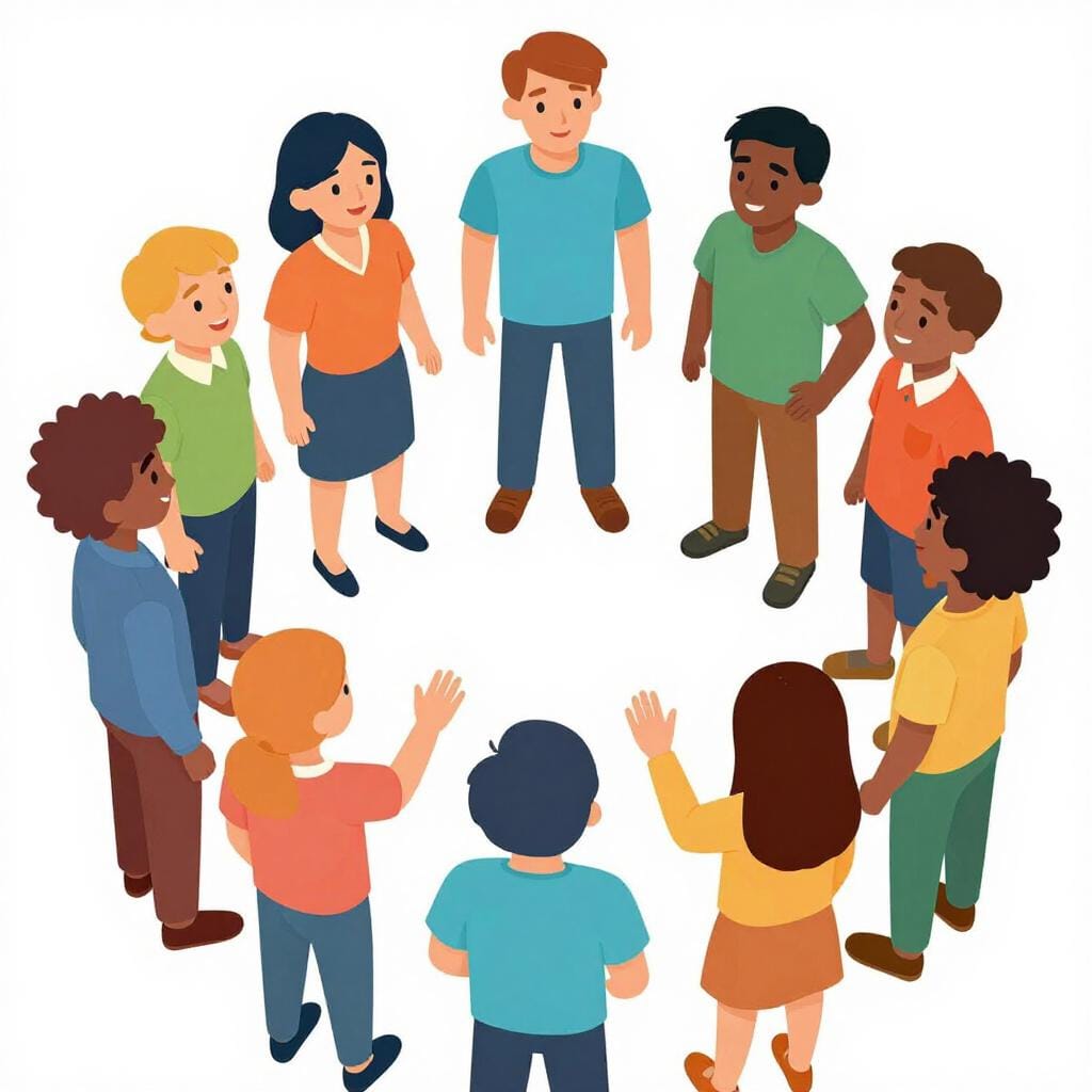 A diverse group of people raising their hands in a friendly circle to vote on a choice.