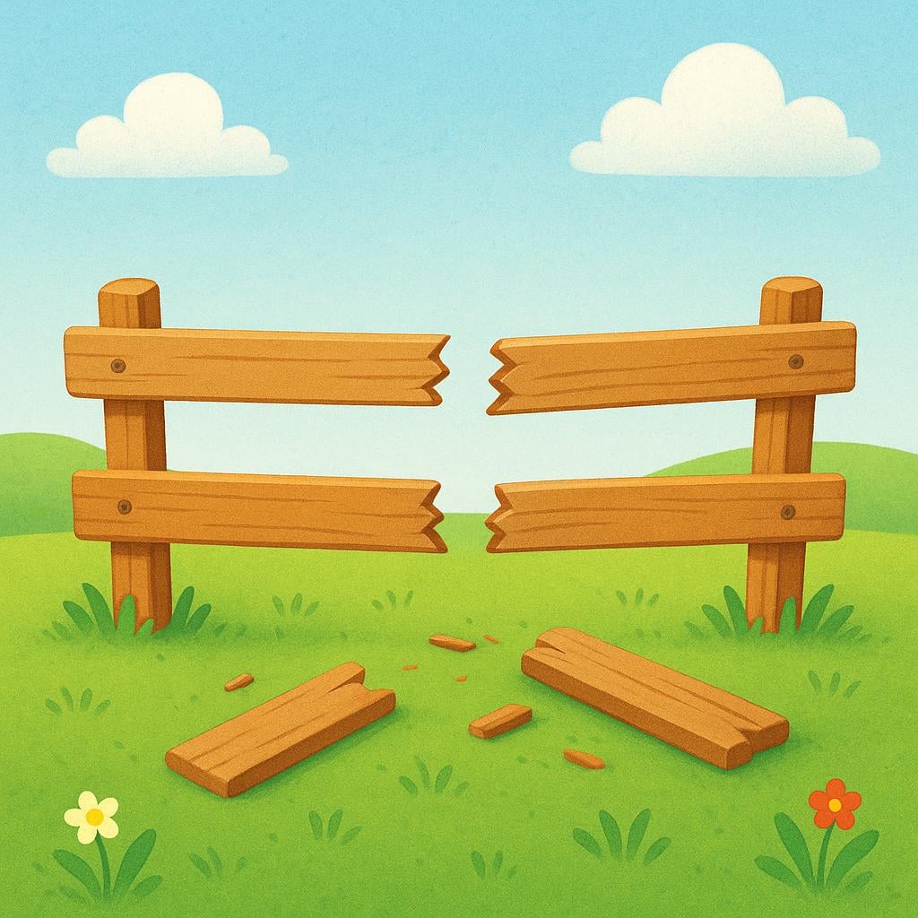 A simple wooden fence barrier lying on the ground, broken in the middle, indicating a boundary violation.