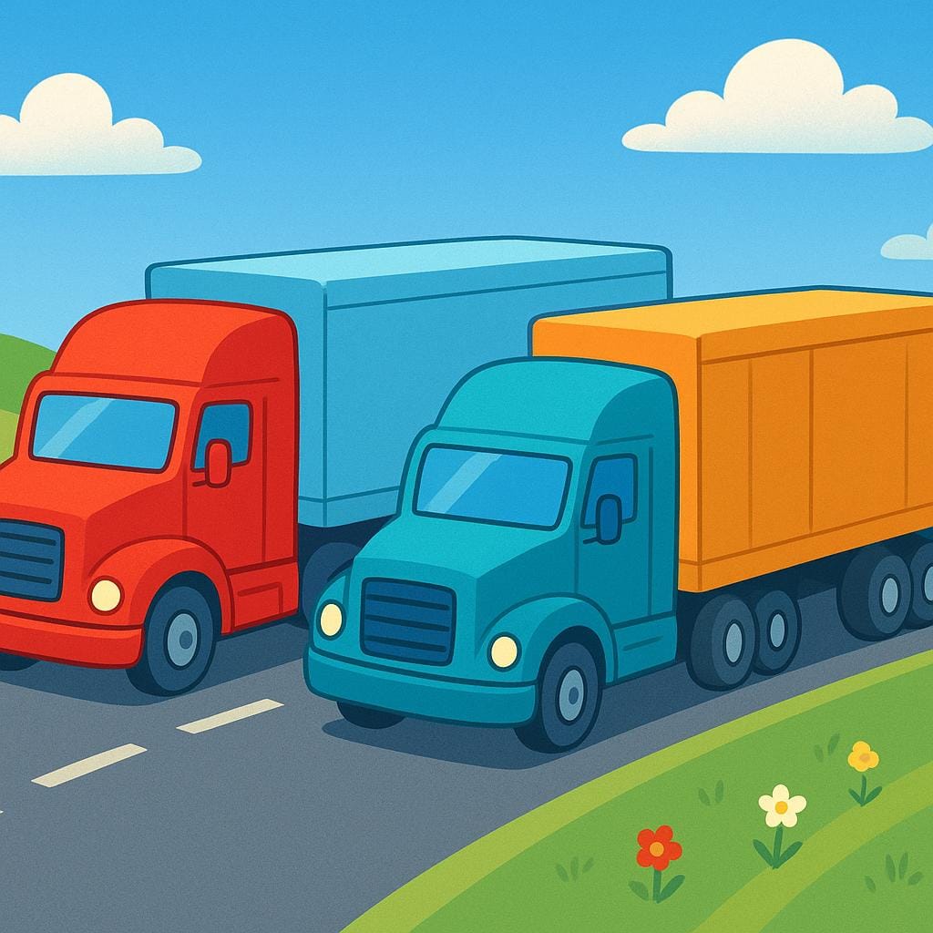 A colorful illustration showing two large semi-trailer trucks traveling together on a road, emphasizing their size and use for transport.