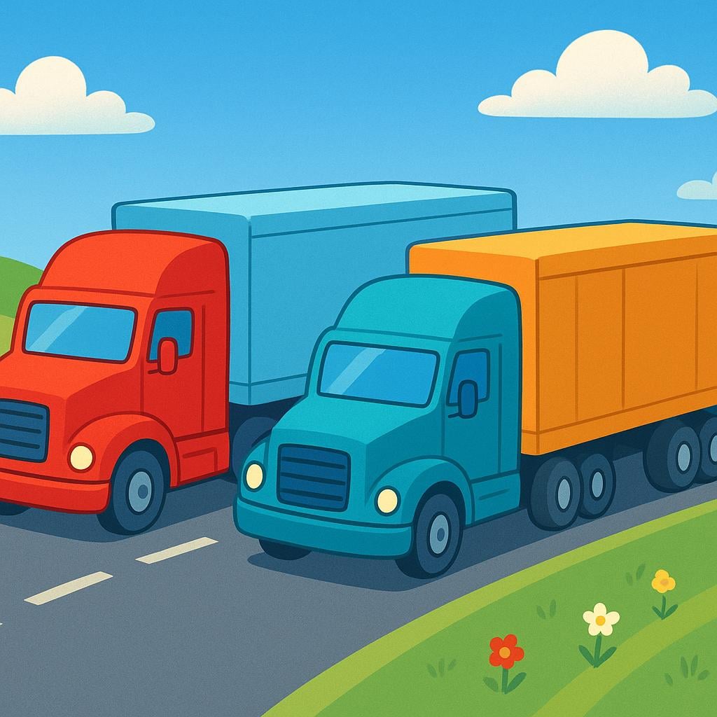 A colorful illustration showing two large semi-trailer trucks traveling together on a road, emphasizing their size and use for transport.