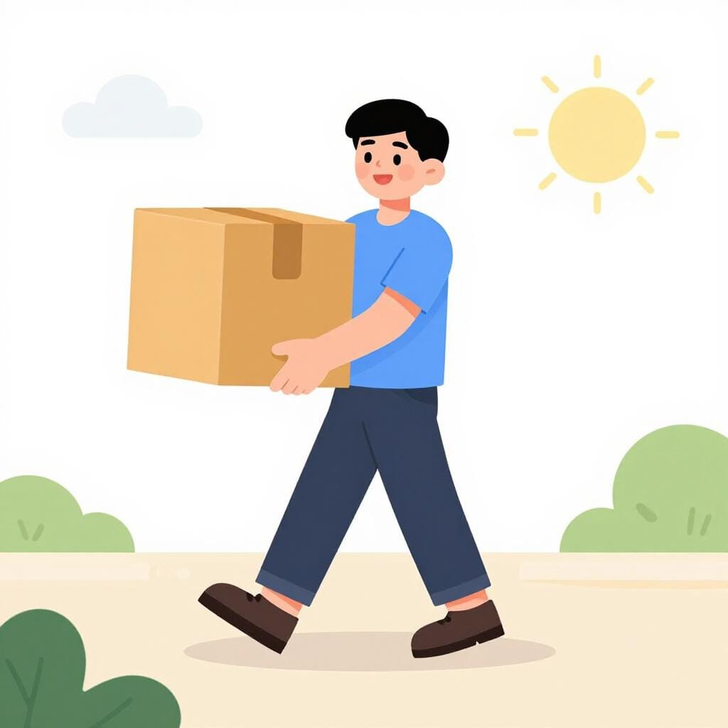 A person smiling while effortlessly carrying a small, light box with one hand.