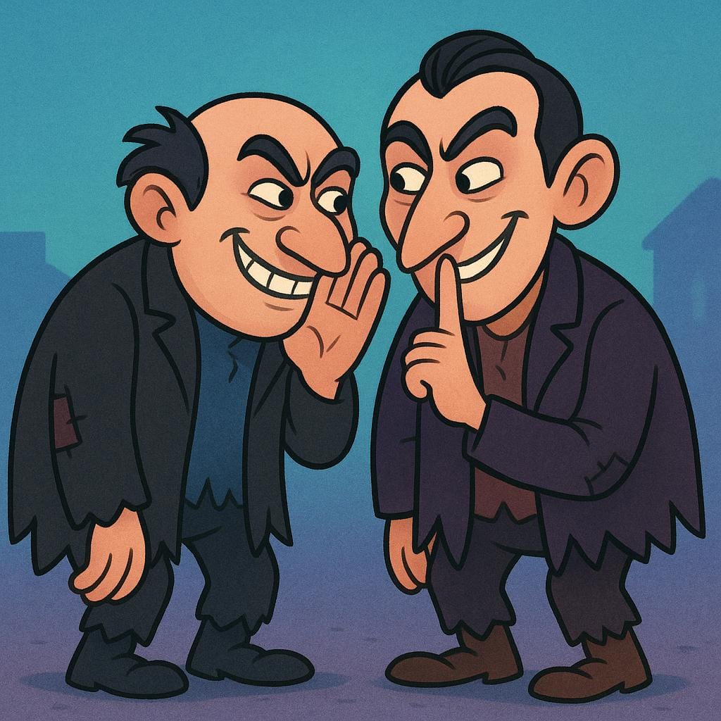 A simple storybook illustration of two sly-looking men in dark, ragged clothes whispering secrets and smiling mischievously.