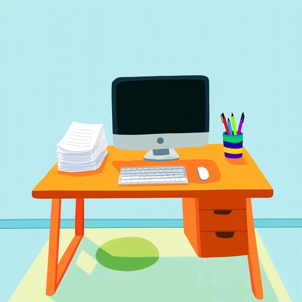 A brightly lit, organized office desk featuring a computer monitor, a colorful pen holder, and a small stack of papers, symbolizing a workspace.