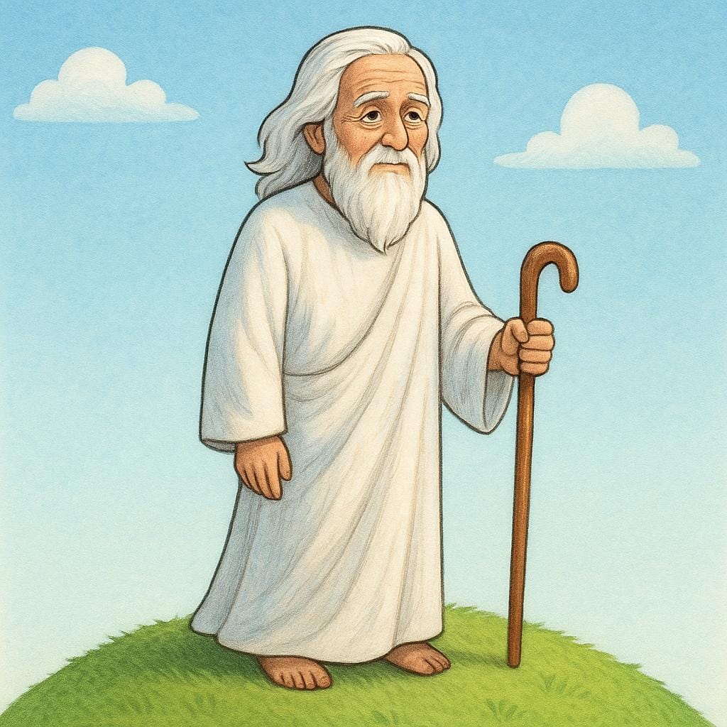A detailed illustration of a respected, elderly figure, dressed simply, standing on a hill overlooking a peaceful valley, symbolizing profound wisdom and guidance.