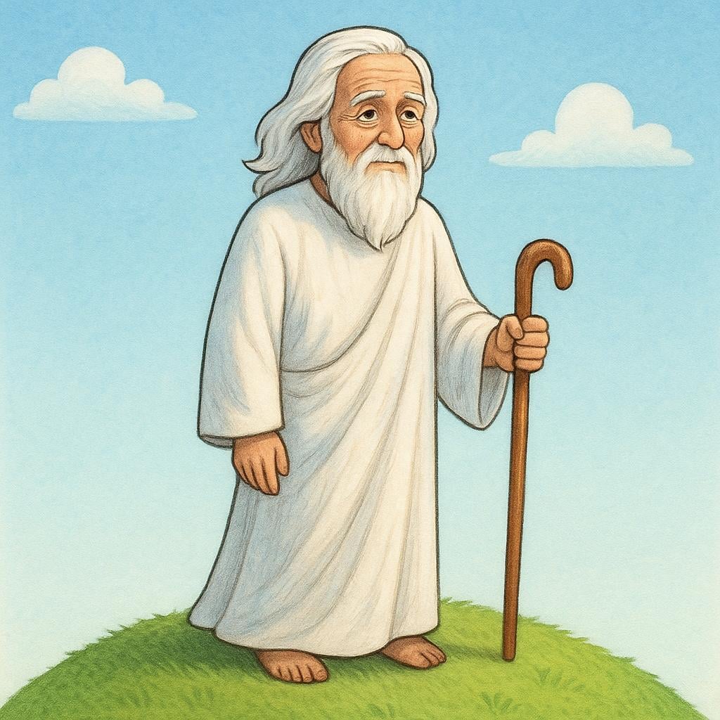 A detailed illustration of a respected, elderly figure, dressed simply, standing on a hill overlooking a peaceful valley, symbolizing profound wisdom and guidance.