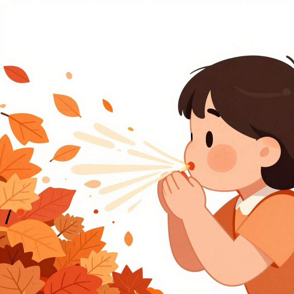 A person with puffed cheeks blowing a pile of colorful autumn leaves.