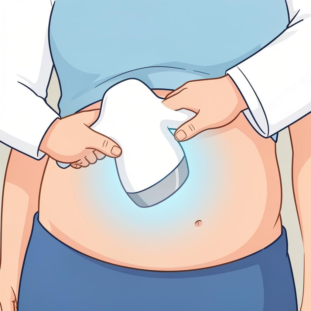 A medical professional holding a handheld scanner against a patient's stomach.