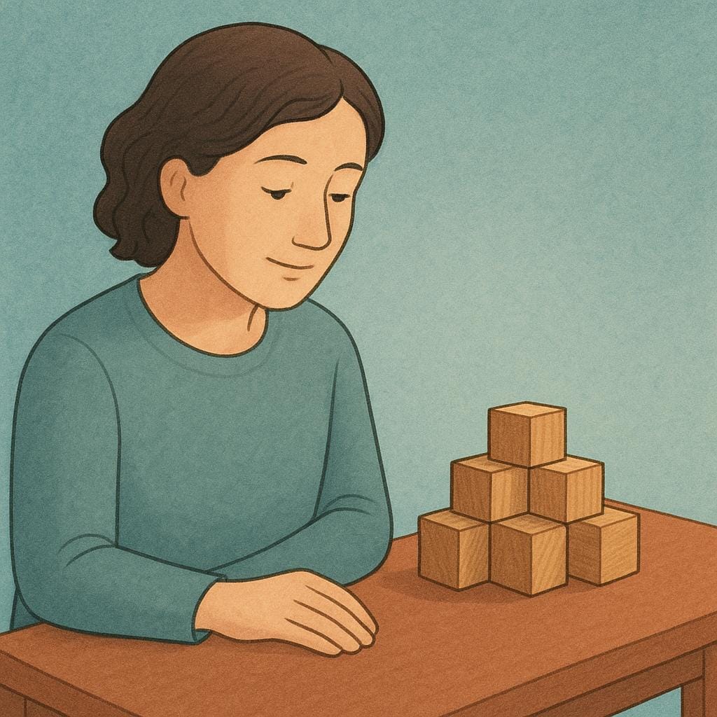 A thoughtful person with a calm expression gazing at a simple arrangement of perfectly fitted wooden geometric blocks, symbolizing a moment of understanding or perception.