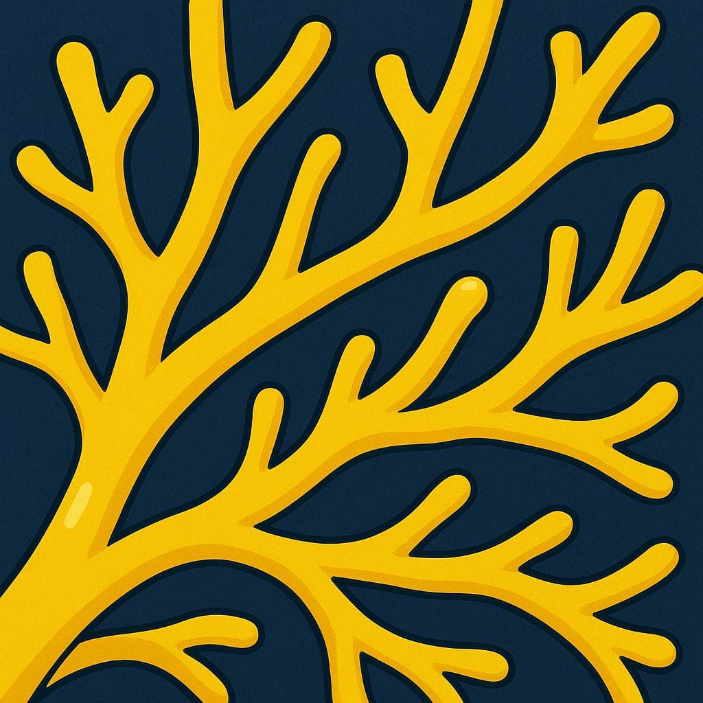 中央の点から広がる太い黄色の繊維を拡大して簡略化したイラスト。身体中の信号を伝える解剖学的な神経を表している。