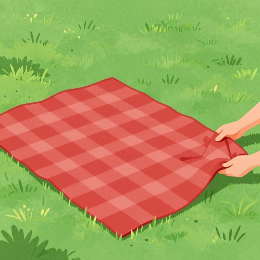 Eine Person breitet eine große, bunte Picknickdecke auf einer grünen Wiese aus.