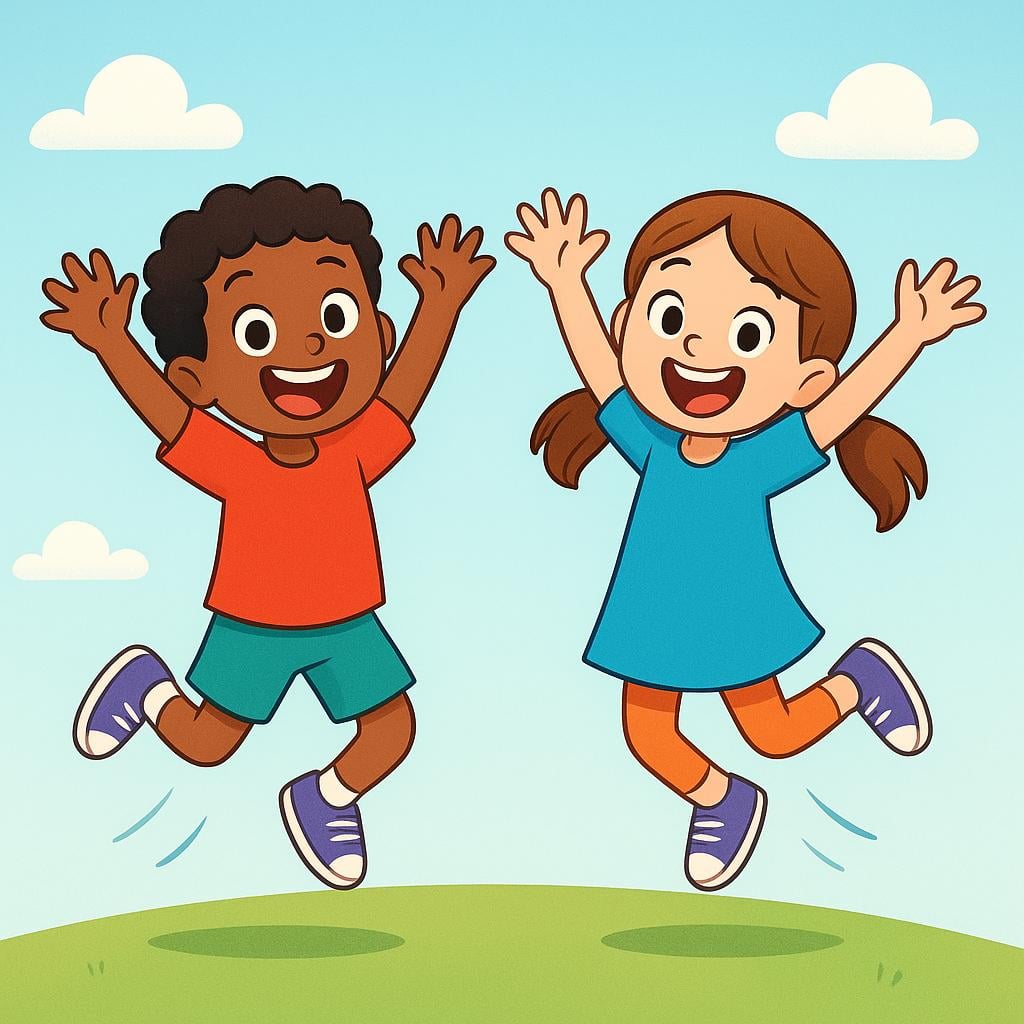 Two happy children mid-air, jumping with enthusiasm and wide smiles, representing a temporary state of joy or excitement.