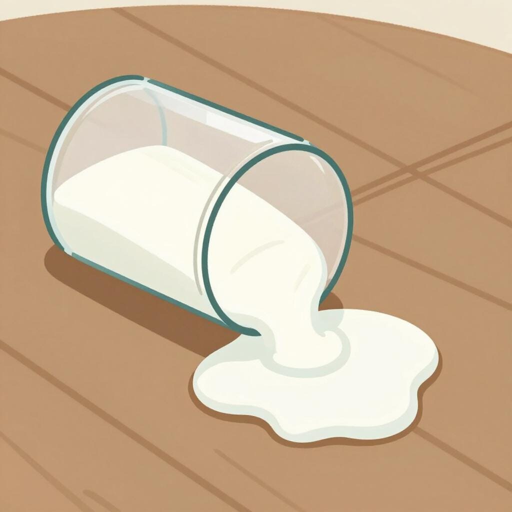 テーブルの上で倒れた牛乳のグラスから、白い水たまりが広がっている様子。