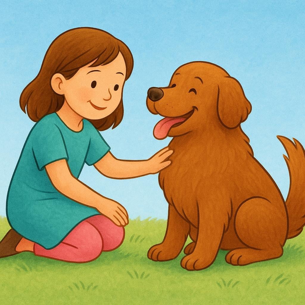 A smiling young girl kneeling down to gently pet a large, happy brown dog with a soft hand.