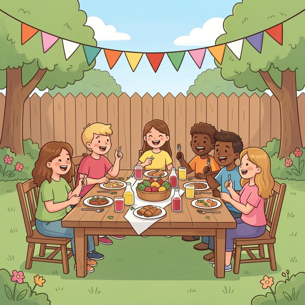 A group of happy people standing around a backyard table with plates of food.