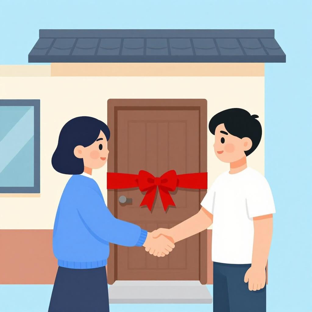 A group of people shaking hands in front of a new small building with a ribbon being cut.