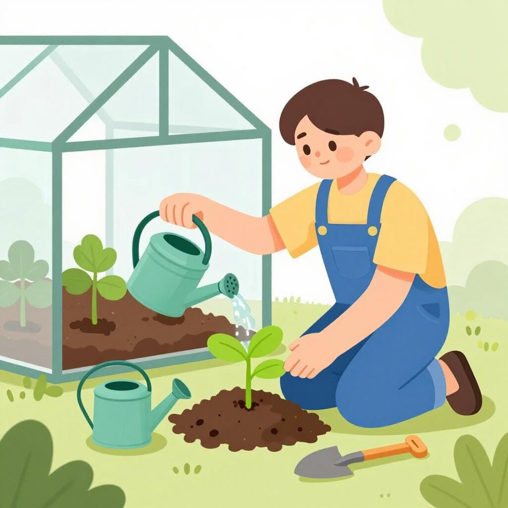 A farmer carefully tending to a single, vibrant green plant in a modern greenhouse.