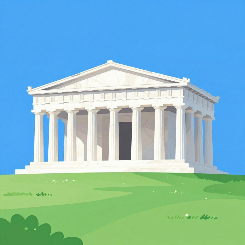 A classic white marble temple with tall columns under a bright blue sky.