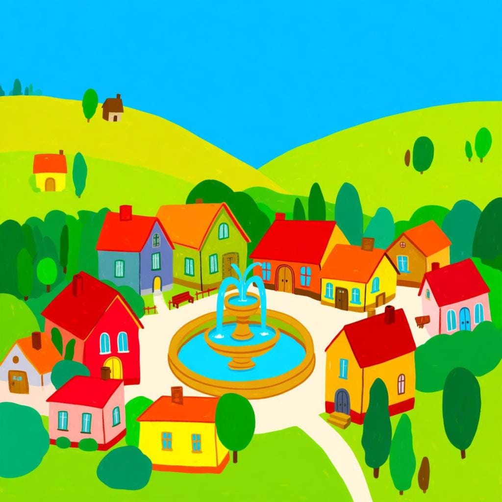 A colorful illustration of a small, tranquil town nestled in a valley, showing houses clustered around a central square.