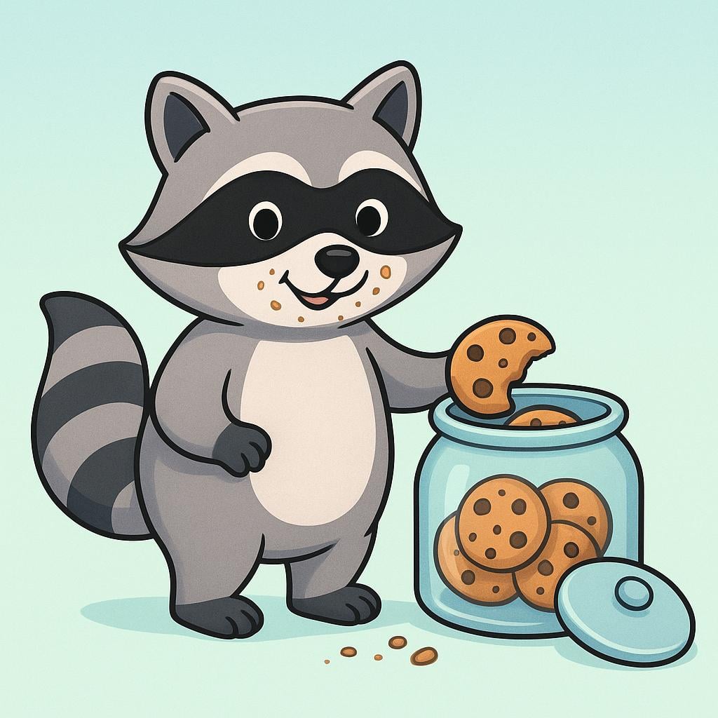 A cartoon raccoon wearing a small black mask stands next to an empty, open cookie jar, clearly having been caught in the act.